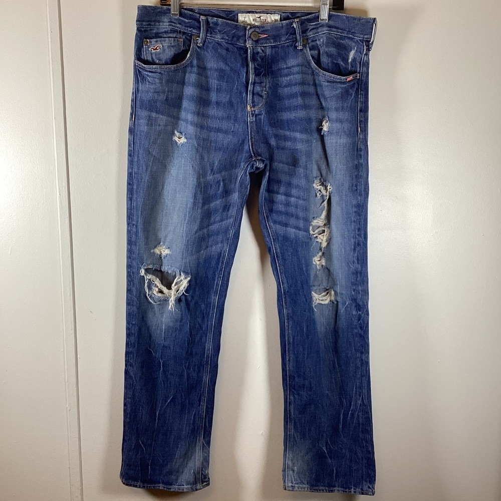 Hollister Jeans Women’s 7/28 Button Fly Straight Leg Destroyed Denim Medium Wash